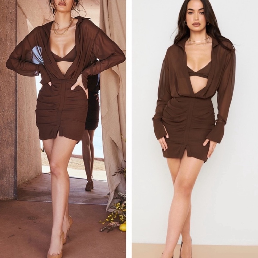 ***ISO***  House Of CB Cleo Chocolate Chiffon
Ruched Shirt Dress Small